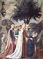 Saba Melikesi Belkıs, Haç'ın yapıldığı ağacı kutsuyor (San Francesco, Arezzo'da Piero della Francesca tarafından yapılan fresk).