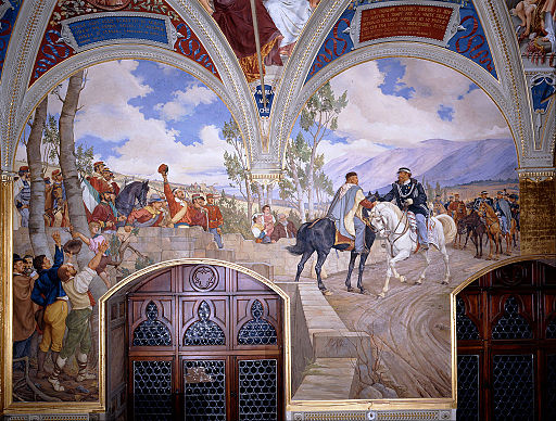 Pietro Aldi - L'incontro tra Giuseppe Garibaldi e Vittorio Emanuele II, affresco del 1886 nella sala del Palazzo Pubblico di Siena