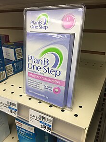 Plan B One-Step (levonorgestrel) emergency contraception on a pharmacy shelf in Oregon Plan B contraceptive birth control pill on pharmacy shelves.jpeg