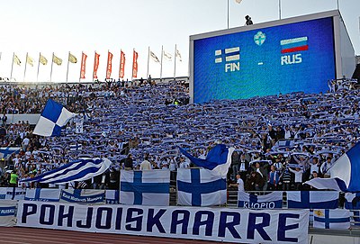 The Finnish national team supporters at the Helsinki Olympic Stadium in 2009.