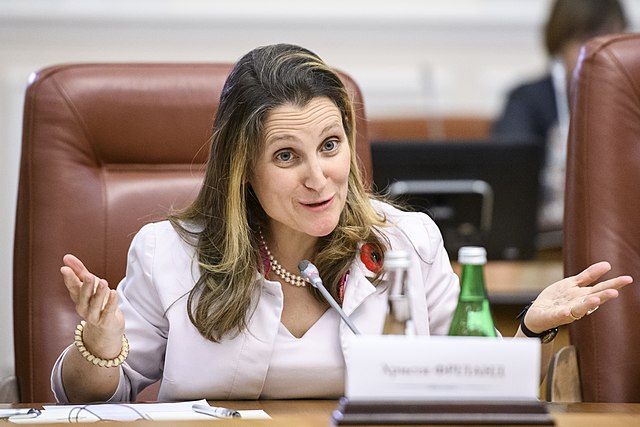 Freeland speaks during an appearance with Ukrainian prime minister Volodymyr Groysman in 2019.