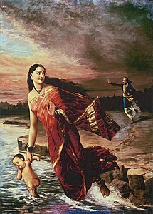 Santanu mencegah Dewi Gangga yang membawa putra kedelapan mereka ke sungai Gangga. Lukisan karya Raja Ravi Varma (1890).