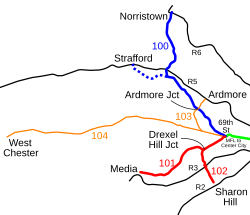 Map of former trolley (now bus) Routes 103 and 104 (orange), as well as existing trolley Routes 101 and 102 (red), and Route 100 (blue) Red Arrow map.svg