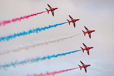 English: Red Arrows in formation flight at the Royal International Air Tattoo 2023.