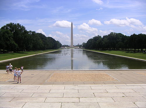 The Lincoln Memorial Reflecting Pool in July 2005, facing east towards the Washington Monument
