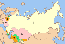 Republics of the Soviet Union :  1 Russia :  2 Ukraine :  3 Byelorussia :  4 Uzbekistan :  5 Kazakhstan :  6 Georgia :  7 Azerbaijan :  8 Lithuania :  9 Moldavia :  10 Latvia :  11 Kirghizia :  12 Tajikistan :  13 Armenia :  14 Turkmenia :  15 Estonia