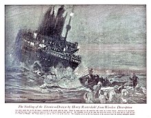 Painting of a sinking ship with a lifeboat being rowed away from it in the foreground.