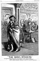 Political cartoon: Revels (seated) replaces Jefferson Davis (left; dressed as Iago from Shakespeare's Othello) in the Senate. Harper's Weekly Feb. 19, 1870. Davis had been a senator from Mississippi until 1861. Revels1870.jpg