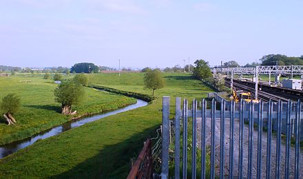 River Sow and railway at Great Bridgeford, looking south towards Stafford, May 2008 River sow rail.JPG