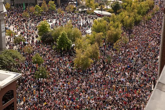 Thousands of ArtPrize visitors gather in Rosa Parks Circle in downtown Grand Rapids. Rob-Bliss-Plane-Drop-B-402 copy.jpg