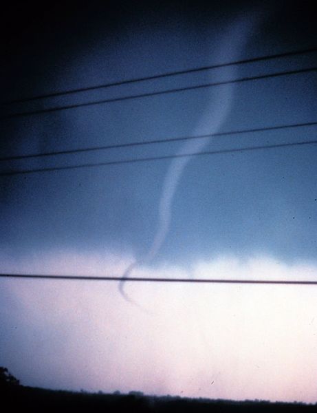 A rope tornado in its dissipating stage, found near Tecumseh, Oklahoma.