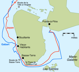 Carte de la Guadeloupe. Gabart (trajectoire bleue) et Joyon (trajectoire rouge) contournent Basse-Terre pour arriver à Pointe-à-Pitre.