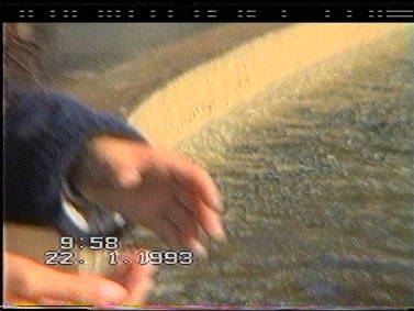 VITC Timecode, presented in the VBI space above the active picture area of a SVHS-C camcorder tape. (928x624 crop of 4fsc 1135x625 25i PAL frame via VHS-Decode) SVHS-1993-VITC-Timecode-928x624-VHS-Decode.png