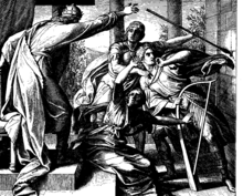 Saul attacks David (who had been playing music to help Saul feel better), 1860 woodcut by Julius Schnorr von Karolsfeld Schnorr von Carolsfeld Bibel in Bildern 1860 093.png