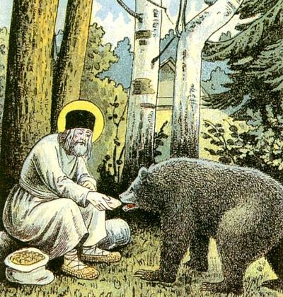 Saint Seraphim feeding a bear outside of his hermitage (religious retreat) (from lithograph The Way to Sarov, 1903).