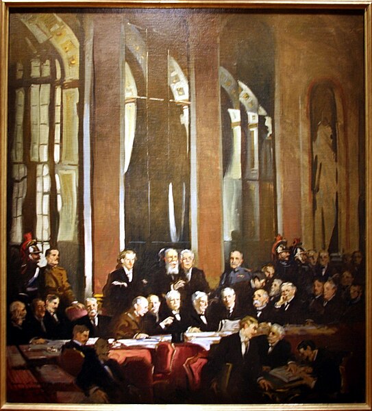 The delegation of the United States (centered: John J. Pershing, General Tasker H. Bliss, President Woodrow Wilson, Edward Mandell House, Henry White,