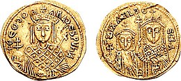 Teodorina nomizma; na reverzu kovanca sta upodobljena sin Mihael III. in hčerka Tekla