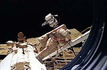 Anatoly Solovyev holds the record for time spent during spacewalks: 82+ hours over 16 separate outings, seen here performing an EVA outside Mir space station in 1997. SolovyevEVA.jpg