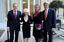 Spokesperson Psaki Poses in a New Hat With Russian Counterpart and Their Respective Bosses (11930586556).jpg