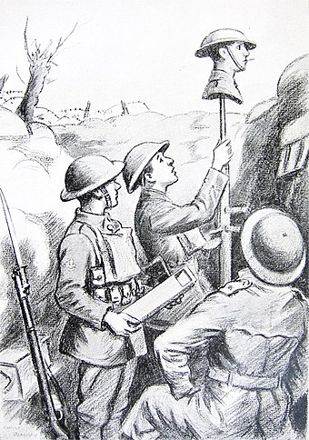 Soldiers raise a Papier-mâché dummy head to locate an enemy sniper