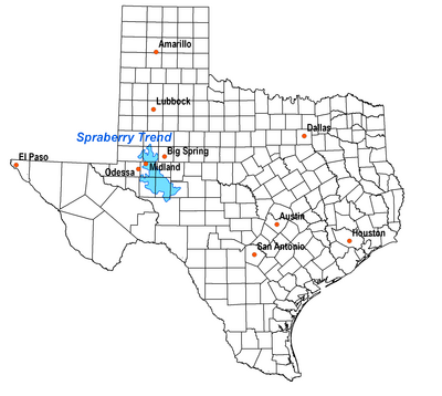 Location of the Spraberry Trend in Texas, showing major and nearby cities. Black lines are county boundaries. Spraberry.png