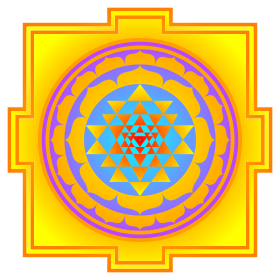 The Sri Yantra, with nine interlocking triangles that collectively form 43 smaller triangles SriYantra color.svg