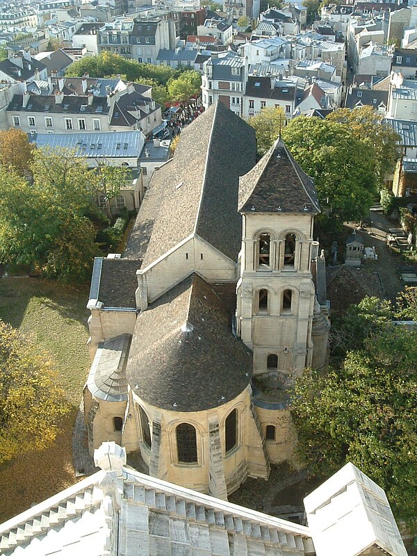 Saint-Pierre de Montmartre (originally 1133, much of it destroyed in 1790 and rebuilt in the 19th century) seen from the dome of the Basilica of the S