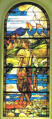 David going to meet Goliath - Tiffany stained glass window in St Cuthbert's Church. Sgdavidl.jpg