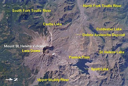 Map showing lakes and other features in the Mount St. Helens area affected by the eruption. West is up. St Helens and nearby area from space.jpg