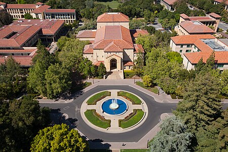 View of Stanford Memorial Auditorium and fountain from Hoover Tower