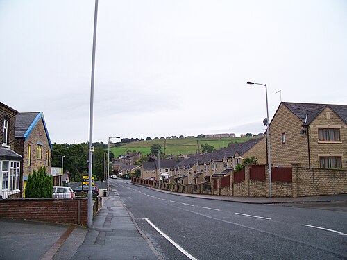 Station Road, Clayton showing the steep valley sides with Clayton Heights at the top of hill.