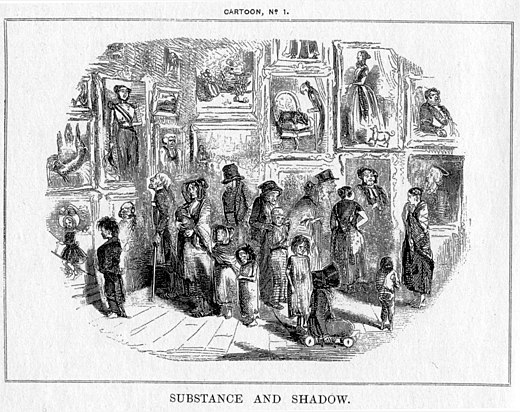 John Leech, Substance and Shadow (1843), published as Cartoon, No. 1 in Punch, the first use of the word cartoon to refer to a satirical drawing