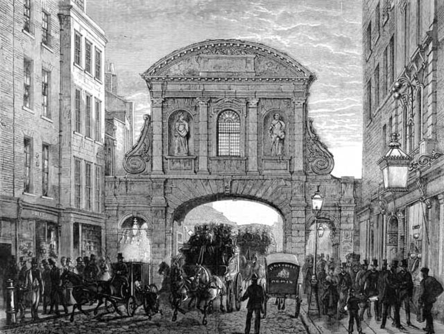 Temple Bar Gate in 1870, when it was still located to mark the Temple Bar