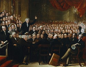 A painting of the 1840 World Anti-Slavery Convention at Exeter Hall in London. The Anti-Slavery Society Convention, 1840 by Benjamin Robert Haydon.jpg