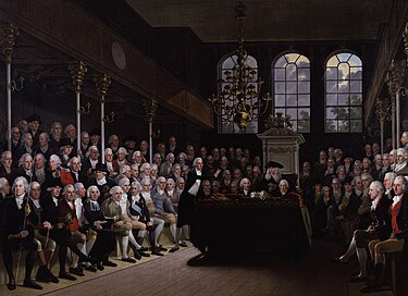 William Pitt the Younger addressing the Commons on the outbreak of the war with France (1793); painting by Anton Hickel. The House of Commons 1793-94 by Karl Anton Hickel.jpg