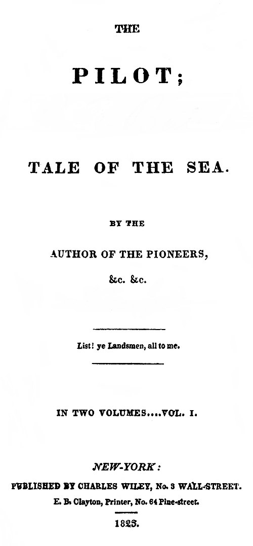 The original cover of Cooper's The Pilot, printed in 1823.