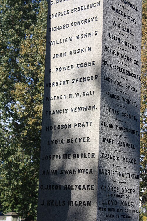 Lydia Becker's name on the lower section of the Reformers memorial, Kensal Green Cemetery