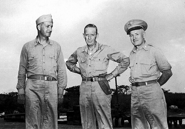 The "Tinian Joint Chiefs": Captain William S. Parsons (left), Rear Admiral William R. Purnell (center), and Brigadier General Thomas F. Farrell (right