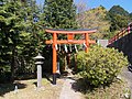 A red torii at Kagamiyama-jinja that leads to a small shrine called Shiratama-jinja. 白玉神社参道入口にそびえたつ鏡山神社参道の鳥居。