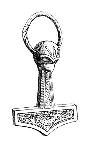 Thor's hammer from Mandemark: Amulette in the form of a Thor's hammer found in 1874, in Mandemark, Møn, Denmark.