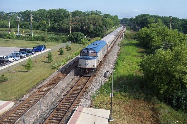 A Milwaukee-bound Hiawatha train departs Sturtevant