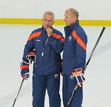 Tom Renney with associate coach Ralph Krueger at the 2011 Edmonton Oilers training camp. Training Camp 2011-09-23-007-Renney-Krueger.jpg