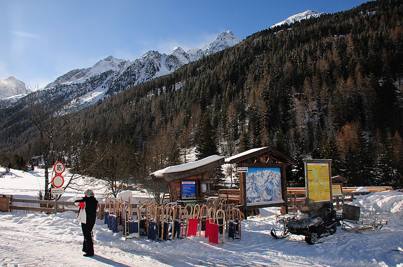 File:Tuesday 3 March, A lovely day with bright sunny weather. Here the sledges are waiting for backtransport to the mountain refuges where you can hire them to rodel down - panoramio.jpg