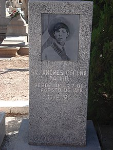 The tomb of Andres Cecena, a Mexican customs official killed during the 27 Aug. 1918 Battle of Ambos Nogales, is located in Heroica Nogales, Sonora's Panteon de los Heroes. Tumba de Andres Cecena 2008.jpg