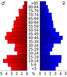 Diagram dat de bevolking van de provincie weergeeft, per leeftijdsgroep.  In het rood, aan de linkerkant, de vrouwen, in het blauw aan de rechterkant, de mannen.