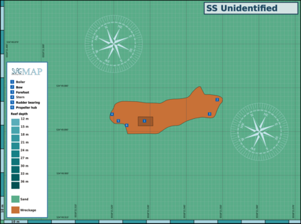 Map of the dive site at the wreck of an unidentified steel steamship near Robben Island in the Table Bay approaches