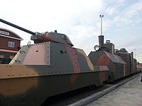 Реплика бронепоезда типа БП-43. Самые совершенные советские бронепоезда времён ВОВ. Вооружение: 4 76-мм пушки Ф-34, 2 37-мм зенитных пушки, 1 зенитный пулемёт ДШК и 12 7,62-мм пулемётов ДТ