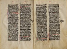 Two page spread of Vincent of Beauvais's Speculum Doctrinale, a manuscript copy c. 1301-1400. VincentBeauvais SpeculumDoctrinale 56-57.jpg