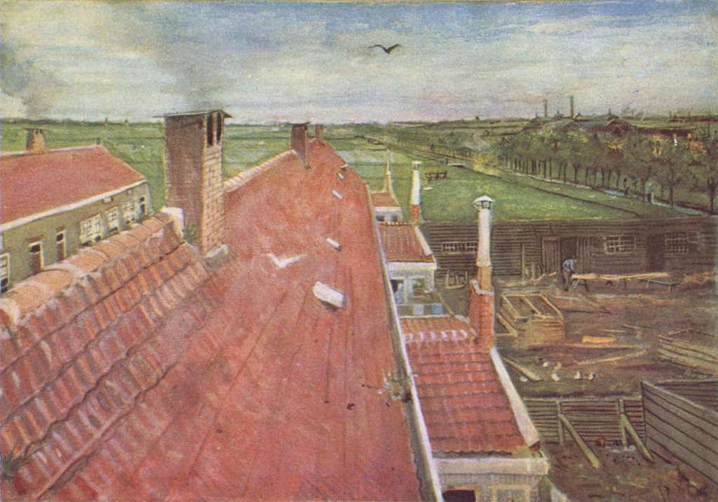 「屋根、ハーグのアトリエからの眺め」1882年、ハーグ。水彩。個人コレクション。ファン・ゴッホは28歳から30歳にかけてハーグに住んだ。Wikipediaより
