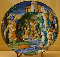 Dish with the story of Echo and Narcissus label QS:Len,"Dish with the story of Echo and Narcissus" label QS:Lnl,"Schotel met Echo en Narcissus" . 1535. majolica medium QS:P186,Q622753 . diameter: 30 cm (11.8 in) dimensions QS:P2386,30U174728 . Rotterdam, Museum Boijmans Van Beuningen.